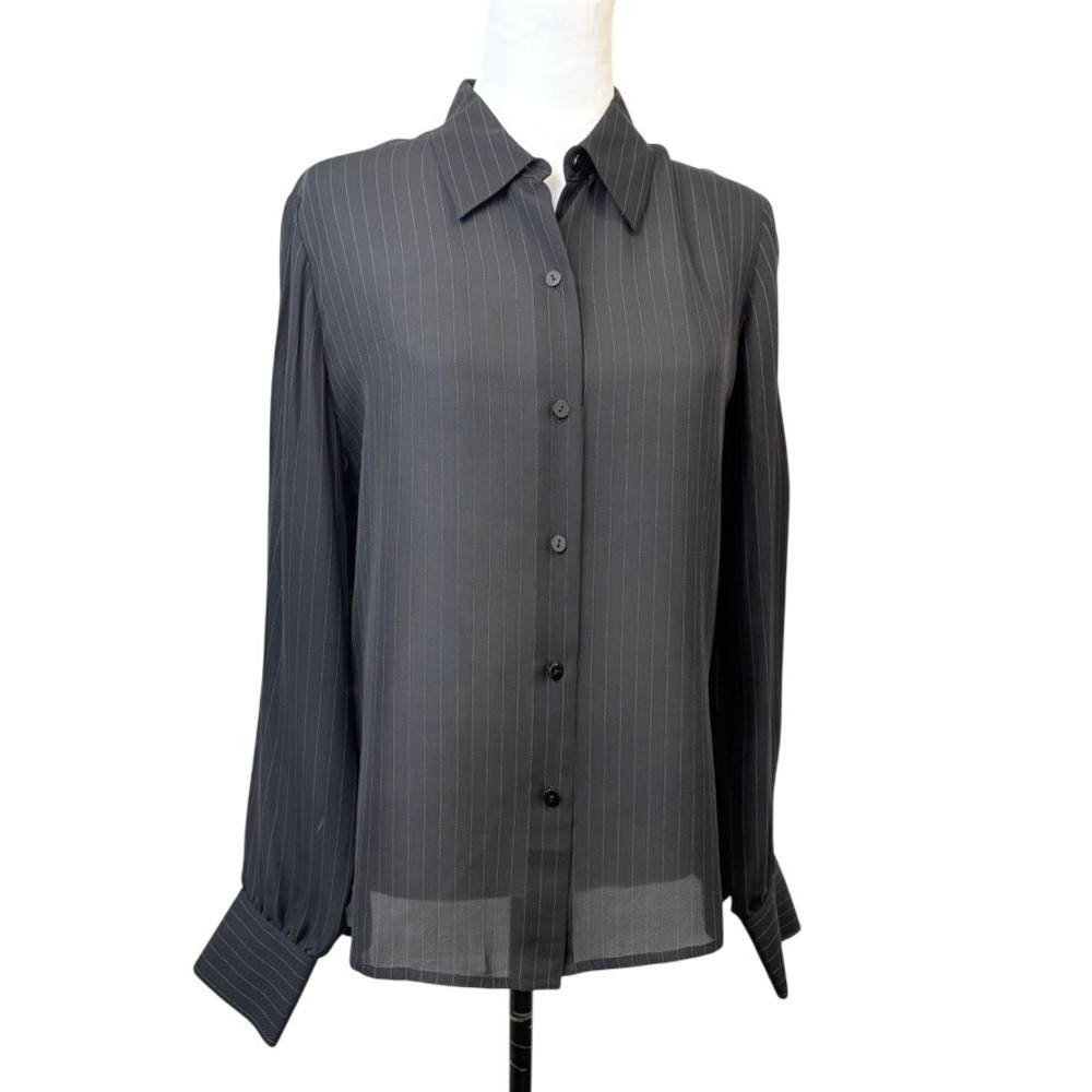VTG Ann Taylor Black Pinstripe Silk Blend Button Down Blouse Shirt Women Size 10
